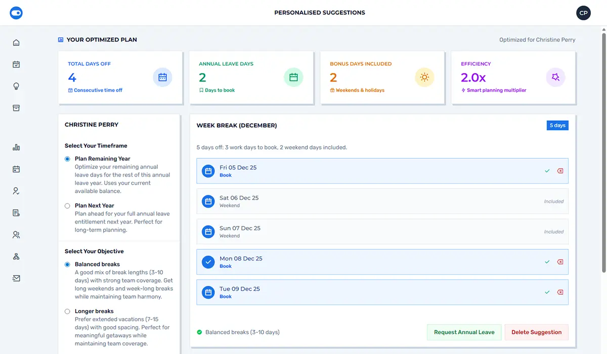 Screenshot of the smart planner showing personalised suggestions and efficiency metrics